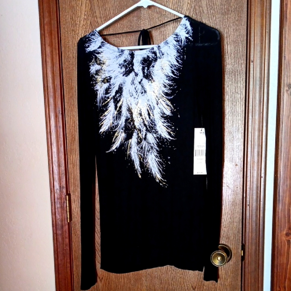 Black Long Sleeve Top with Feather Design